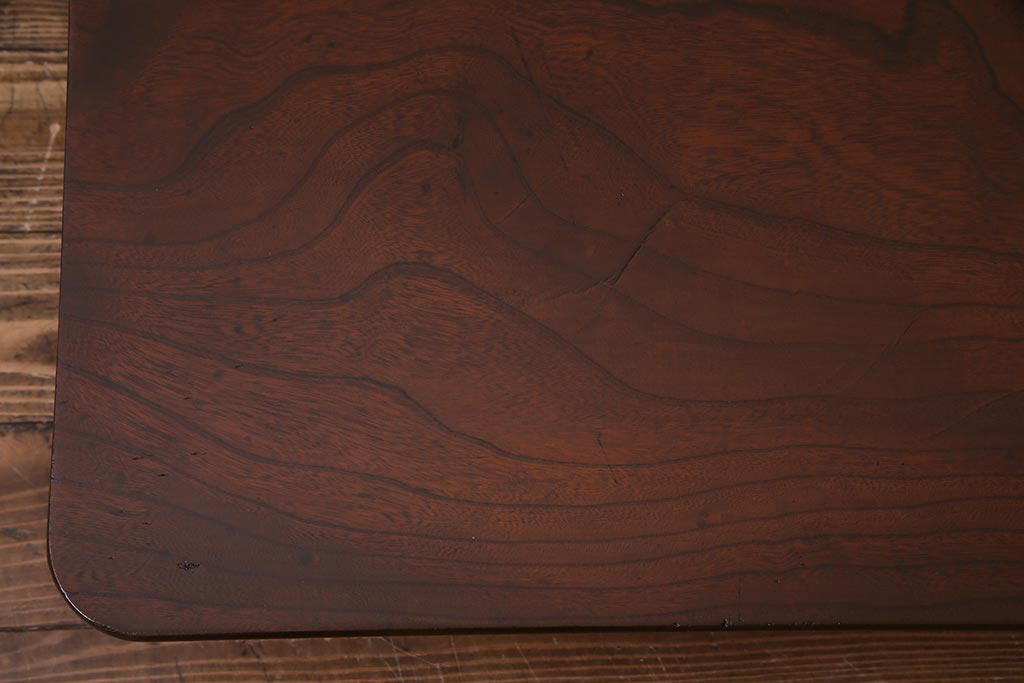 アンティーク家具　和製アンティーク　総ケヤキ材　一枚板　大胆な杢目が美しいレトロな角ちゃぶ台(ローテーブル)(R-037521)