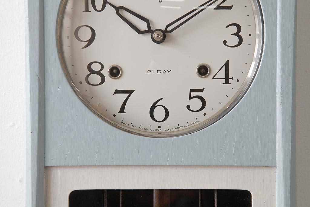 レトロ雑貨　Meiji(明治時計社)　21DAY　手巻き　淡いペイントがおしゃれなゼンマイ式振り子時計(柱時計、掛け時計)(R-037527)