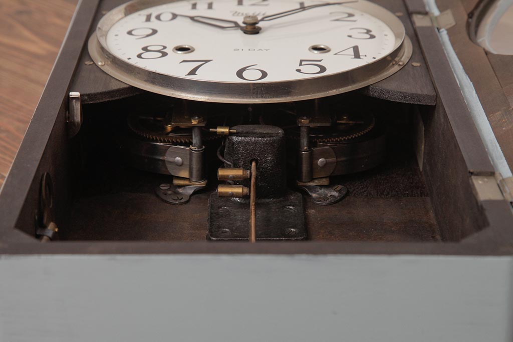 レトロ雑貨　Meiji(明治時計社)　21DAY　手巻き　淡いペイントがおしゃれなゼンマイ式振り子時計(柱時計、掛け時計)(R-037527)