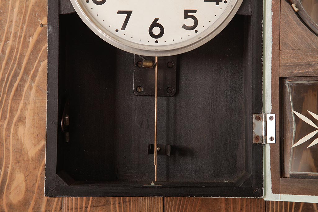 ビンテージ雑貨　堀田時計店　N.H.T　CROWNFAN　21DAY　ゼンマイ式　淡いペイントがおしゃれな振り子掛時計(柱時計、壁掛け時計)(R-037533)