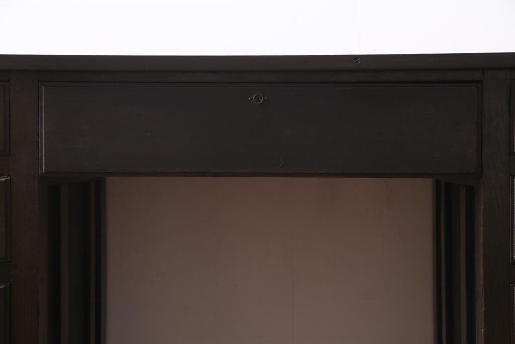 アンティーク家具　和製アンティーク　ナラ材　薄型リメイク　渋い色合いの両袖デスク(両袖机、在宅ワーク、在宅用ワークデスク)(R-037549)