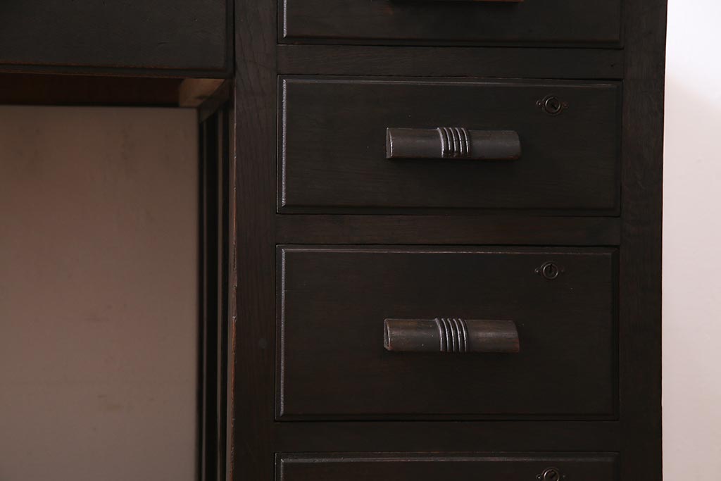 アンティーク家具　和製アンティーク　ナラ材　薄型リメイク　渋い色合いの両袖デスク(両袖机、在宅ワーク、在宅用ワークデスク)(R-037549)