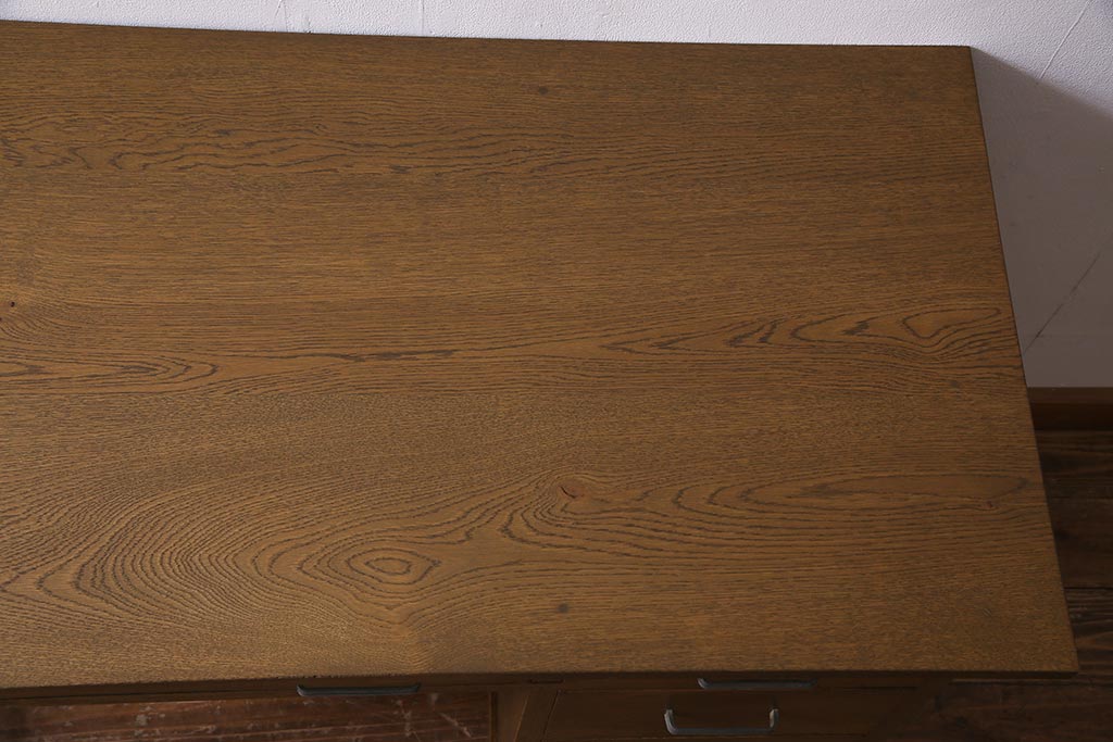 レトロ家具　昭和レトロ　薄型リメイク　ノスタルジックなナラ材製の片袖デスク(片袖机、在宅ワーク、在宅用ワークデスク)(R-037553)