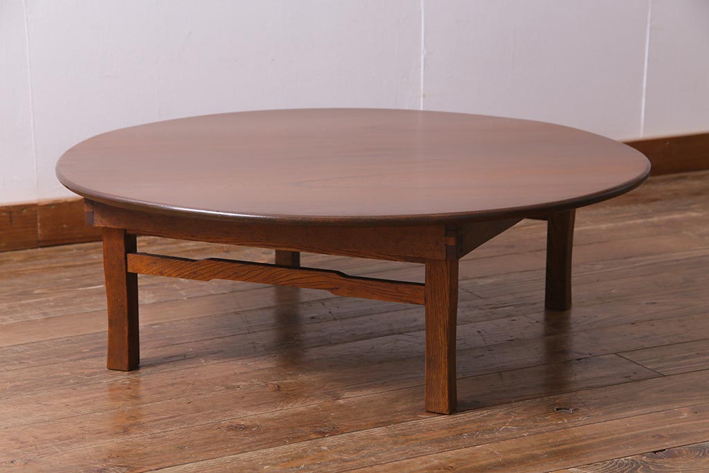 アンティーク家具　昭和レトロ　栓材　懐かしい雰囲気の丸ちゃぶ台(ローテーブル、座卓)(R-037649)