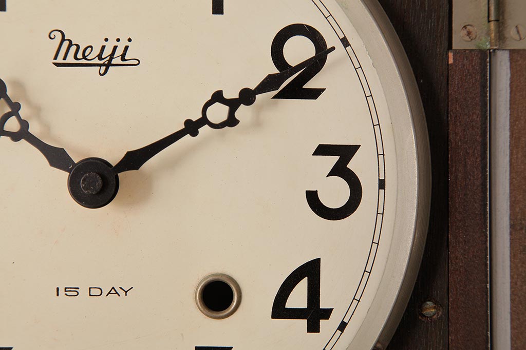 レトロ雑貨　Meiji(明治時計社)　15DAY　電池式　淡いペイントがおしゃれな振り子時計(柱時計、掛け時計)(R-037661)