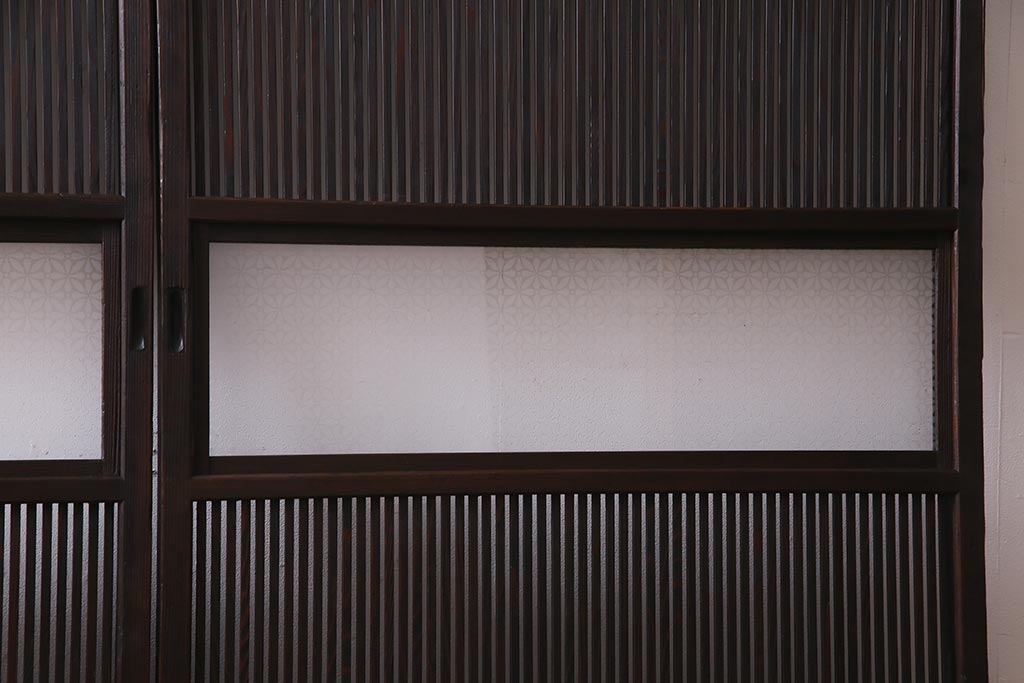 アンティーク建具　当店オリジナルガラス　レトロシックな格子戸2枚セット(建具、引き戸、ガラス帯戸)(R-037674)