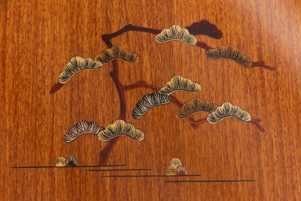 中古　唐木材　松・竹・梅・菊・蔦の図　象嵌風　引き出し付き　五角形ダイニングテーブル(5人掛けテーブル)(R-037714)