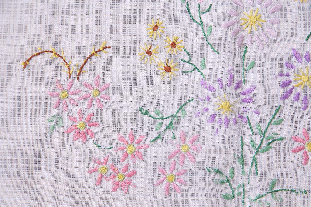 ビンテージ雑貨　イギリスヴィンテージ　花の刺繍がかわいらしいリネンクロス(タペストリー、布)(R-037773)