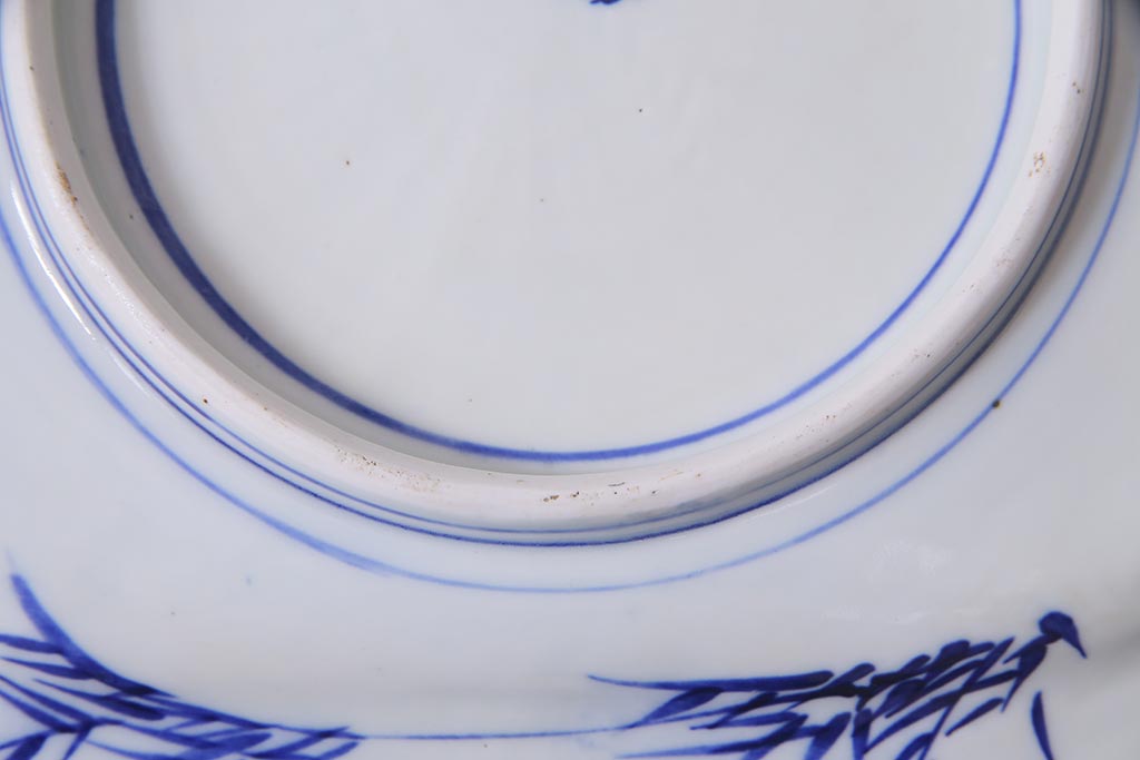 アンティーク雑貨　幕末明治期　花蝶図　染付変形大皿(和食器)(R-037793)