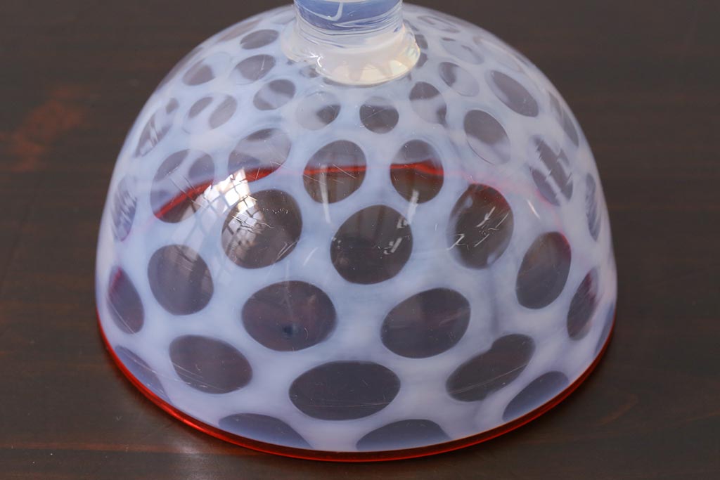 アンティーク雑貨 大正期 赤縁乳白水玉紋碗形 氷コップ(拭きガラス)(R