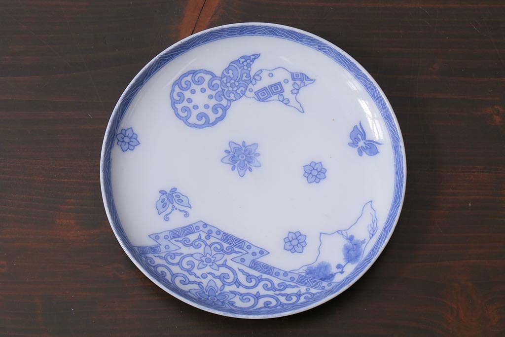 アンティーク雑貨　大正期　花蝶図　五寸　印判皿2枚セット(中皿)(R-037836)