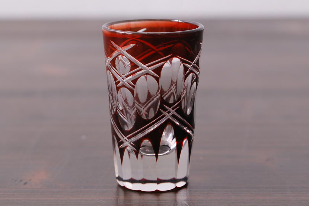 アンティーク雑貨　昭和初期　和ガラス　切子ショットグラス2点(酒器)(R-037841)