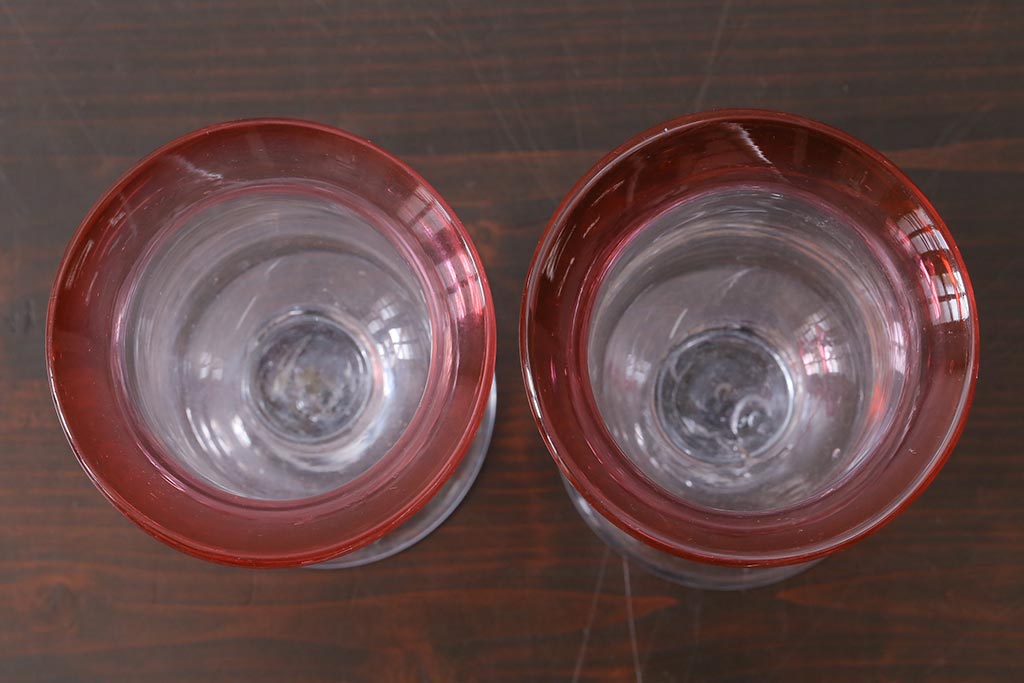 アンティーク雑貨　古民具・骨董　大正期　赤縁氷コップ2点(ペア・吹きガラス)(R-037843)