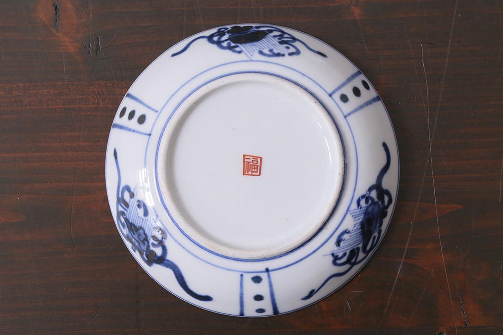 アンティーク雑貨　江戸期　角福　染付小皿2枚セット(和食器)(R-037851)