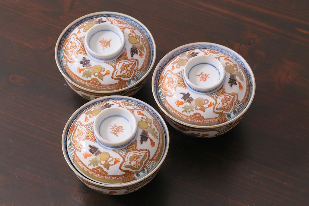 アンティーク雑貨　江戸期　色絵蓋付茶碗3個(伊万里)(R-037873)