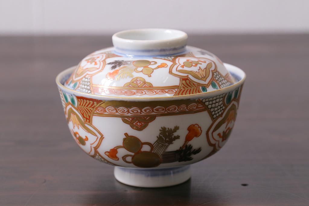 アンティーク雑貨　江戸期　色絵蓋付茶碗3個(伊万里)(R-037874)