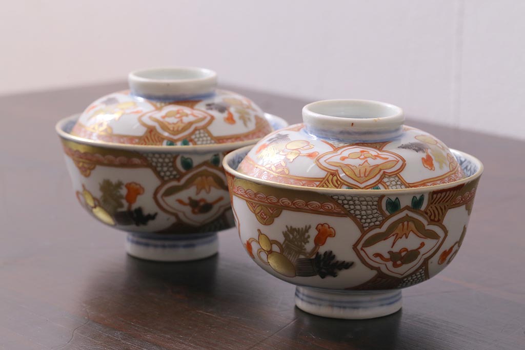 アンティーク雑貨　江戸期　色絵蓋付茶碗2個(伊万里)(R-037875)