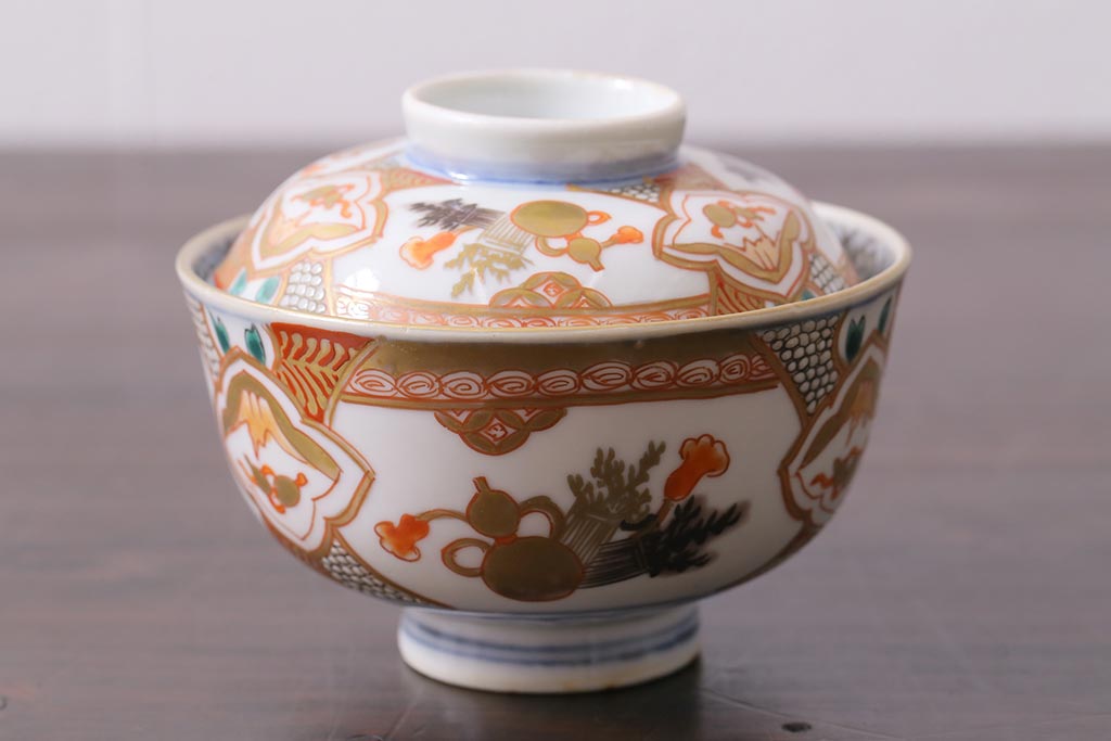 アンティーク雑貨　江戸期　色絵蓋付茶碗2個(伊万里)(R-037875)