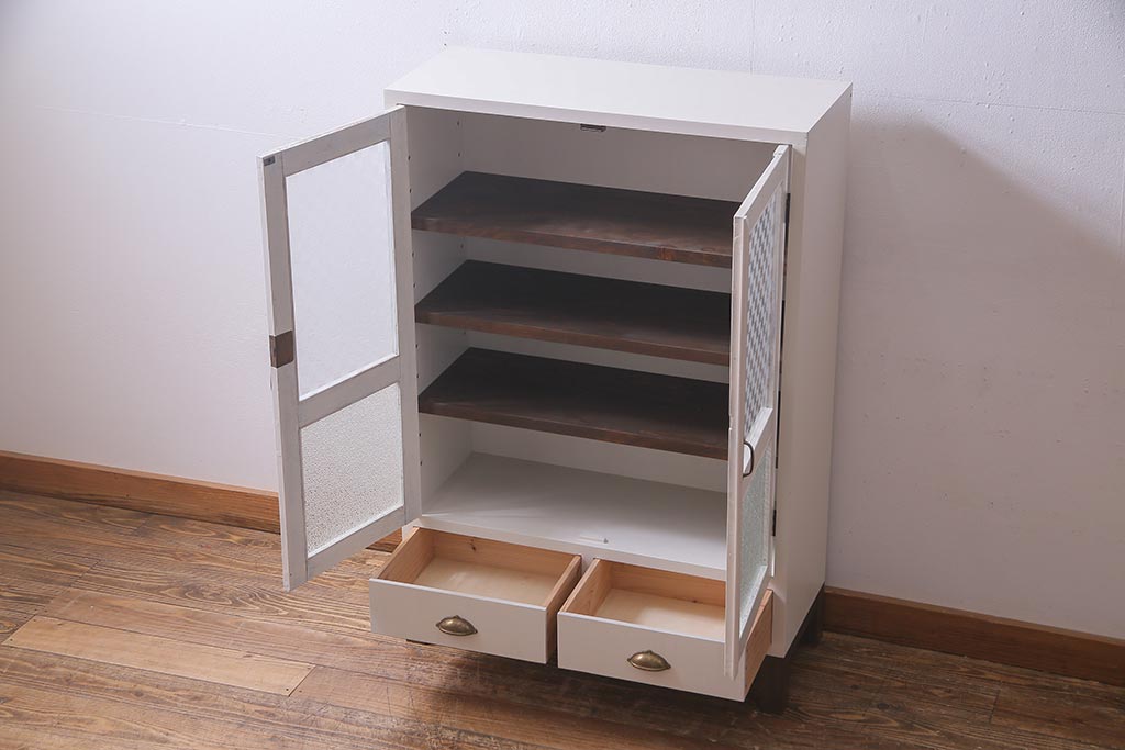 ラフジュ工房オリジナル　古建具リメイク　レトロな雰囲気漂うバイカラーのブックケース(本箱、食器棚、収納棚)(R-037994)