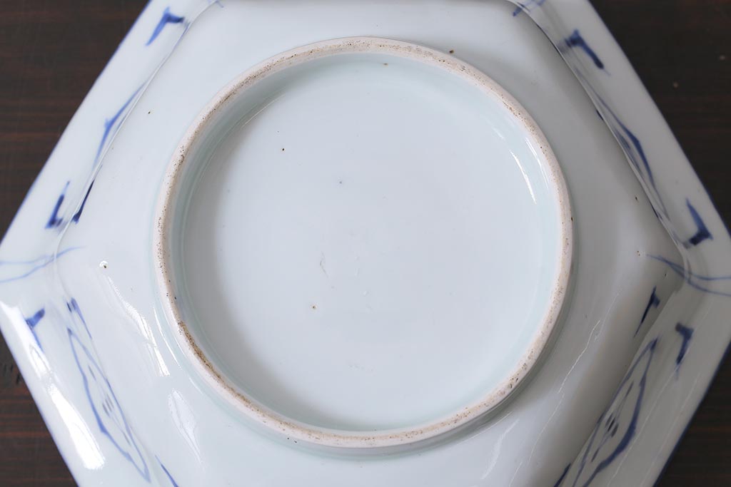 アンティーク雑貨　江戸期　古伊万里　染付　8.4寸六角深鉢(深皿、和食器)(R-038023)