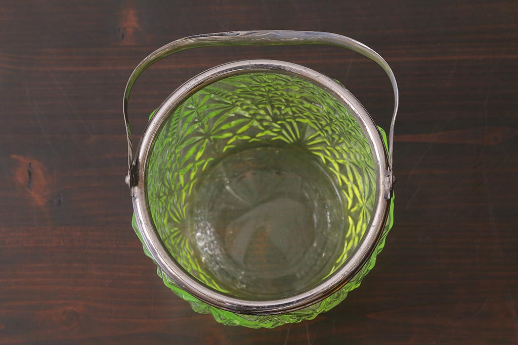 アンティーク雑貨　大正昭和初期　ウランガラス製のアイスペール(アイスバスケット、ワセリンガラス)(R-038051)