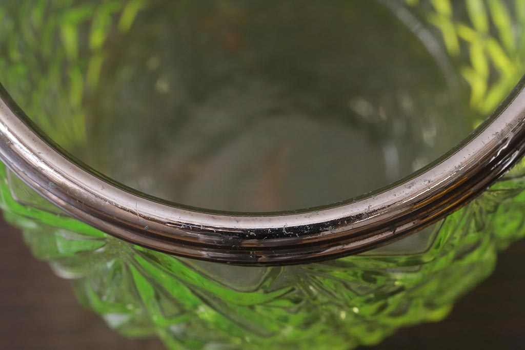アンティーク雑貨　大正昭和初期　ウランガラス製のアイスペール(アイスバスケット、ワセリンガラス)(R-038051)