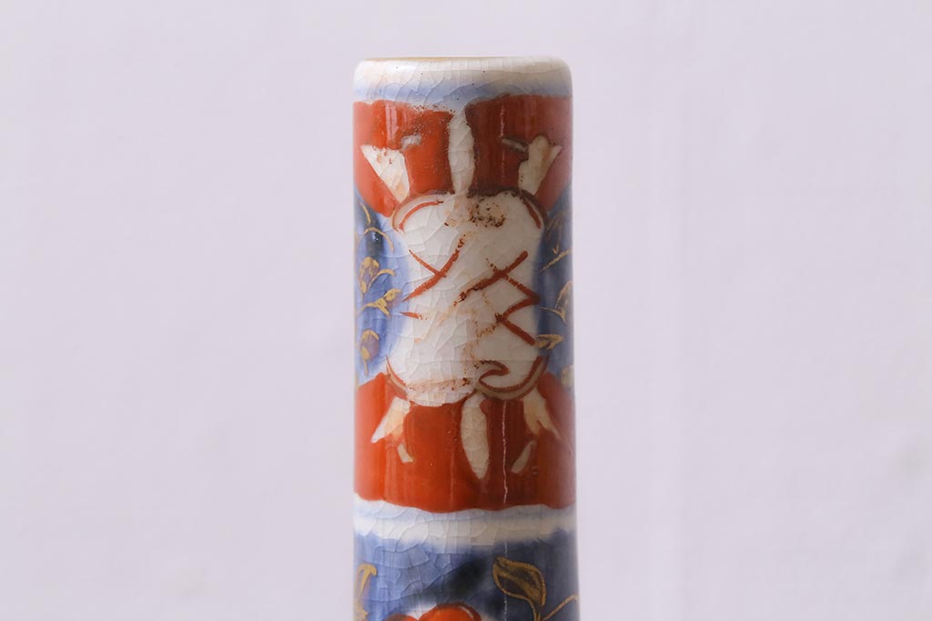 アンティーク雑貨　江戸中期　箱付き　華やかな金襴手が美しい鶴首徳利一対(花瓶、花器)(R-038055)