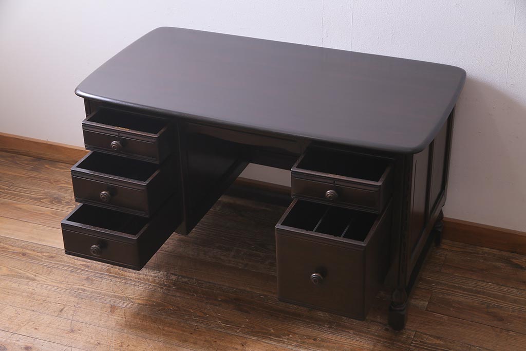 ヴィンテージ家具　イギリスビンテージ　ERCOL(アーコール)　Old Colonial(オールドコロニアル)　両袖デスク(両袖机、在宅ワーク、在宅用ライティングデスク、ワークデスク)(R-038159)
