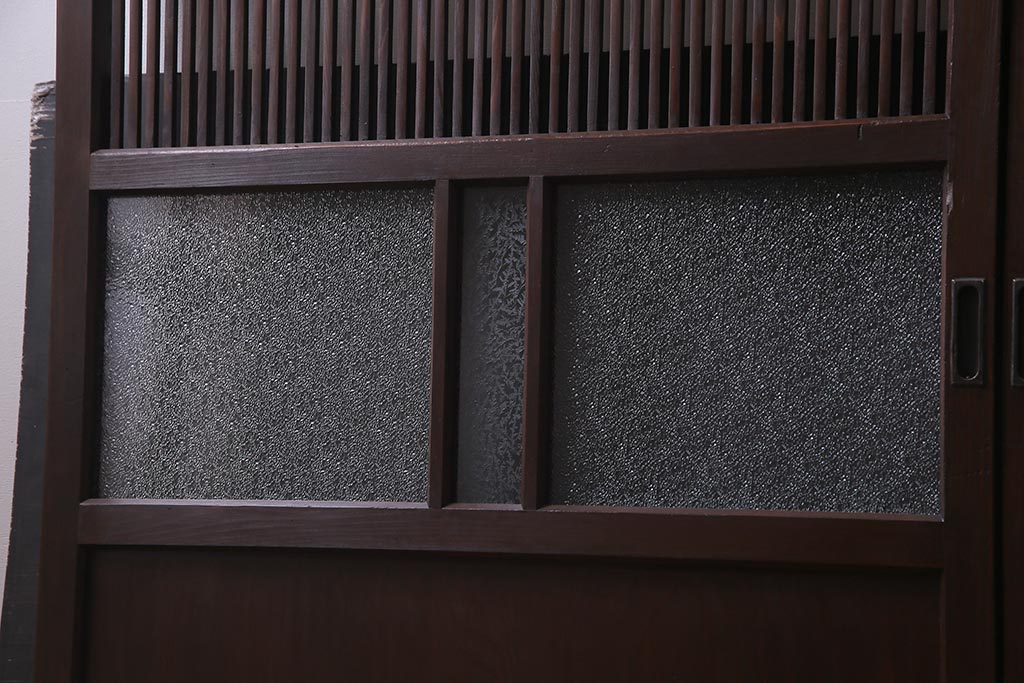 アンティーク建具　和製アンティーク　ダイヤ・結霜ガラス　レトロなガラス入りの格子戸2枚セット(ガラス帯戸、引き戸、建具)(R-038198)