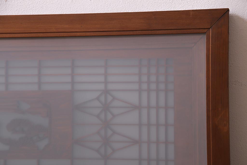 アンティーク建具　繊細な組子と鶴と松の彫刻が美しい欄間(明り取り、両面ガラス)(R-038205)