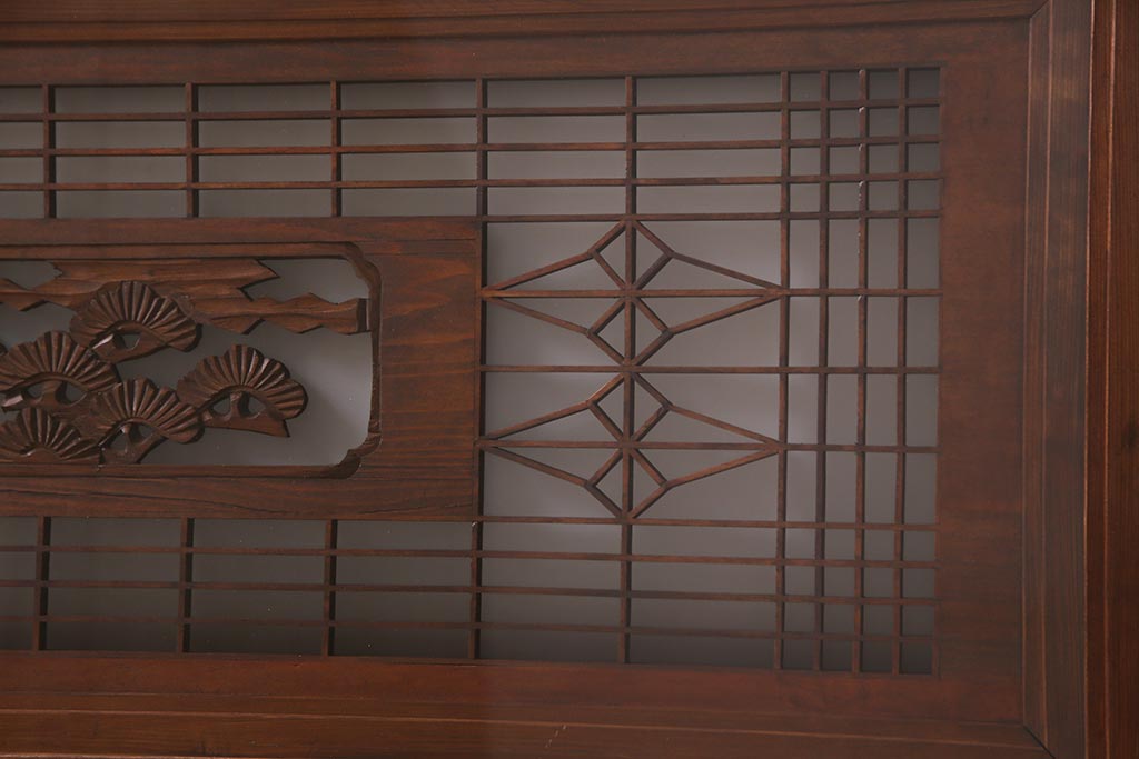 アンティーク建具　繊細な組子と鶴と松の彫刻が見事な欄間(明り取り、両面ガラス)(R-038206)