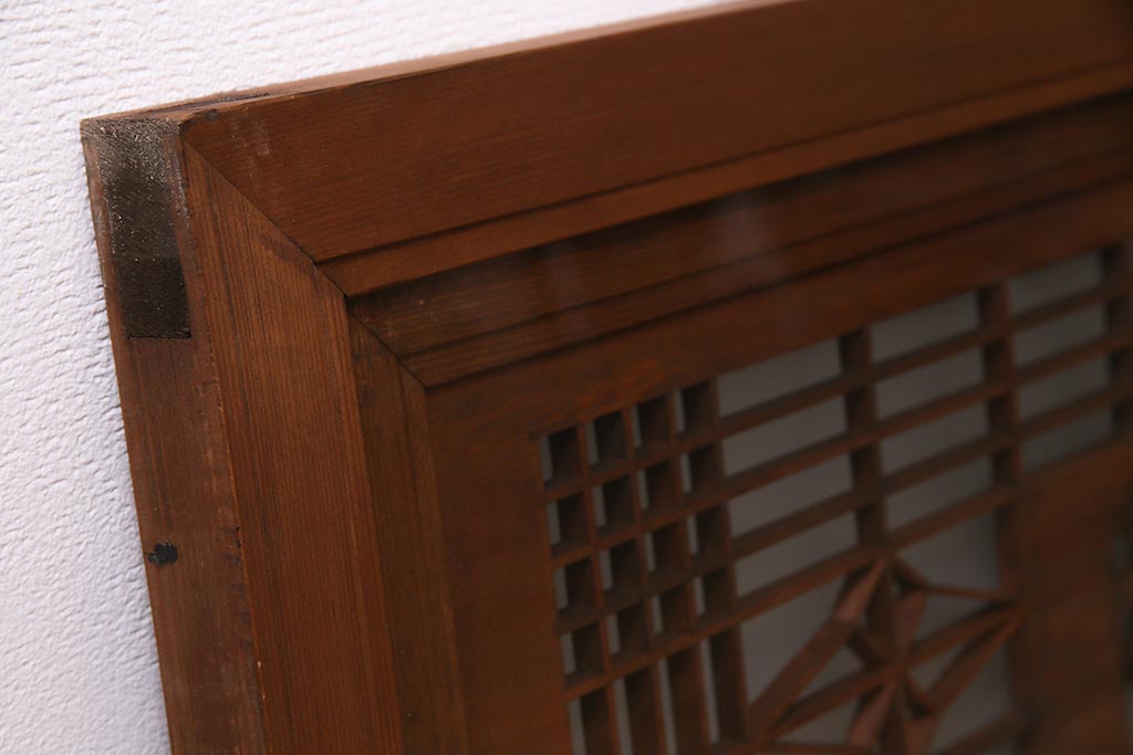 アンティーク建具　繊細な組子と鶴と松の彫刻が見事な欄間(明り取り、両面ガラス)(R-038206)