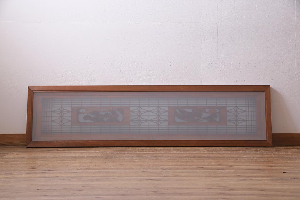 アンティーク建具　繊細な組子と鶴と松の彫刻が見事な欄間(明り取り、両面ガラス)(R-038206)