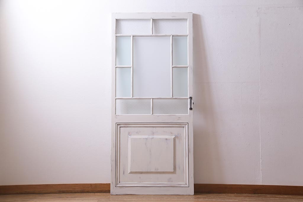 アンティーク建具　ペイント　当店オリジナルガラス入り　明るいカラーが魅力の木製ドア(扉、建具)(R-038208)