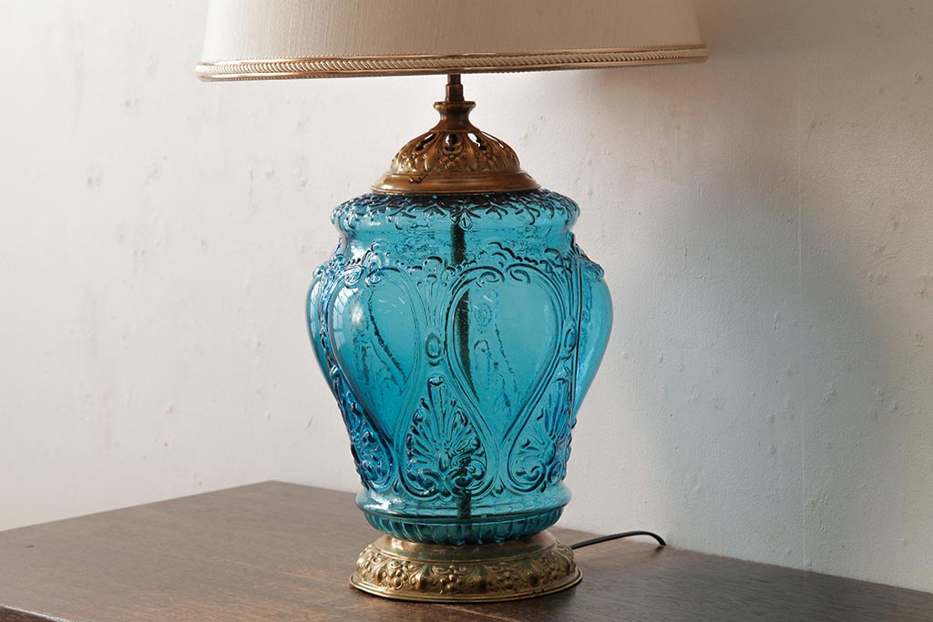 アンティーク雑貨 フランスアンティーク ブルーのガラスが美しいテーブルランプ(卓上ランプ、スタンドライト)(R-038223) | ラフジュ工房