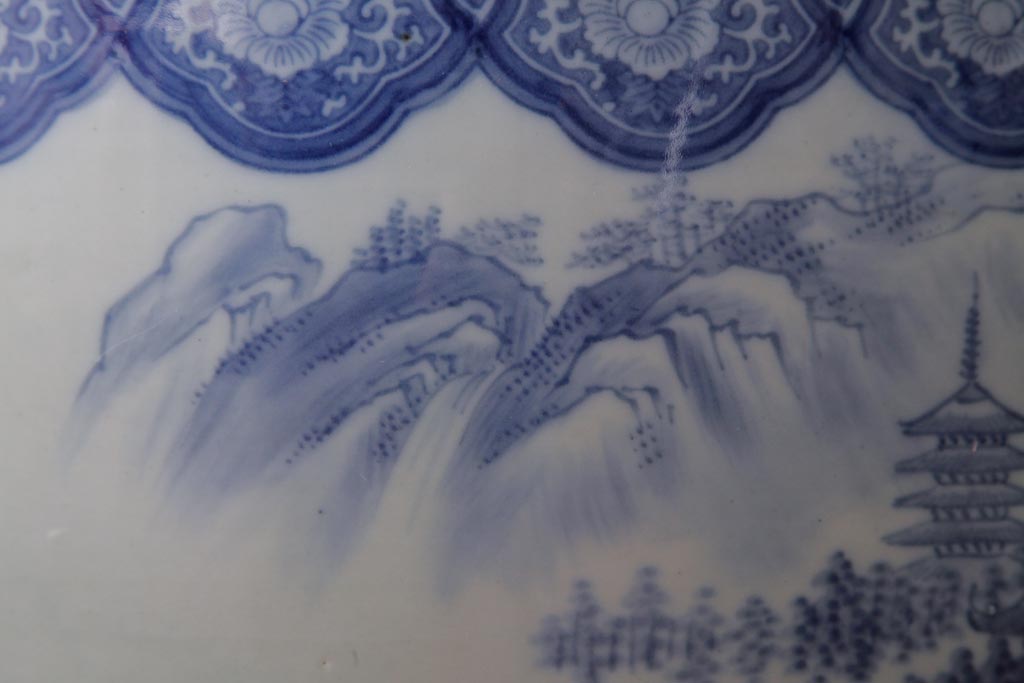 アンティーク雑貨　昭和初期　山水図　繊細で優しげな風景画の瀬戸火鉢(R-038406)