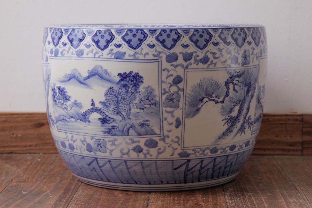 アンティーク雑貨　昭和初期　窓絵　松・山水図　和の風情感じる瀬戸火鉢(R-038409)