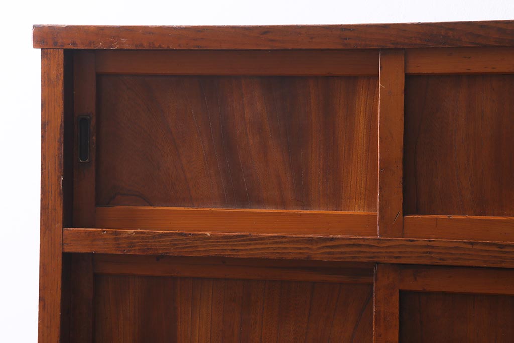 アンティーク家具　和製アンティーク　組子のガラス戸付き　レトロな水屋箪笥(重ね戸棚、収納棚)(R-038430)