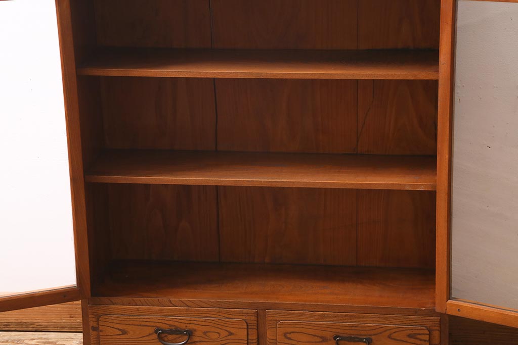 アンティーク家具　昭和初期　三方栓材　ユニークなデザインが魅力の本箱(ブックケース、収納棚)(R-038433)