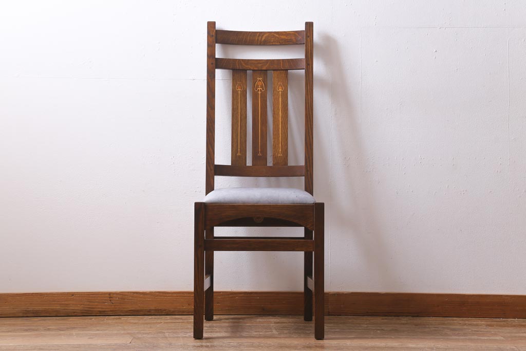中古　アメリカ　Stickley(スティックレー、スティックレイ)社　象嵌入り　ミッションスタイル　サイドチェア(椅子、ダイニングチェア)(R-038608)
