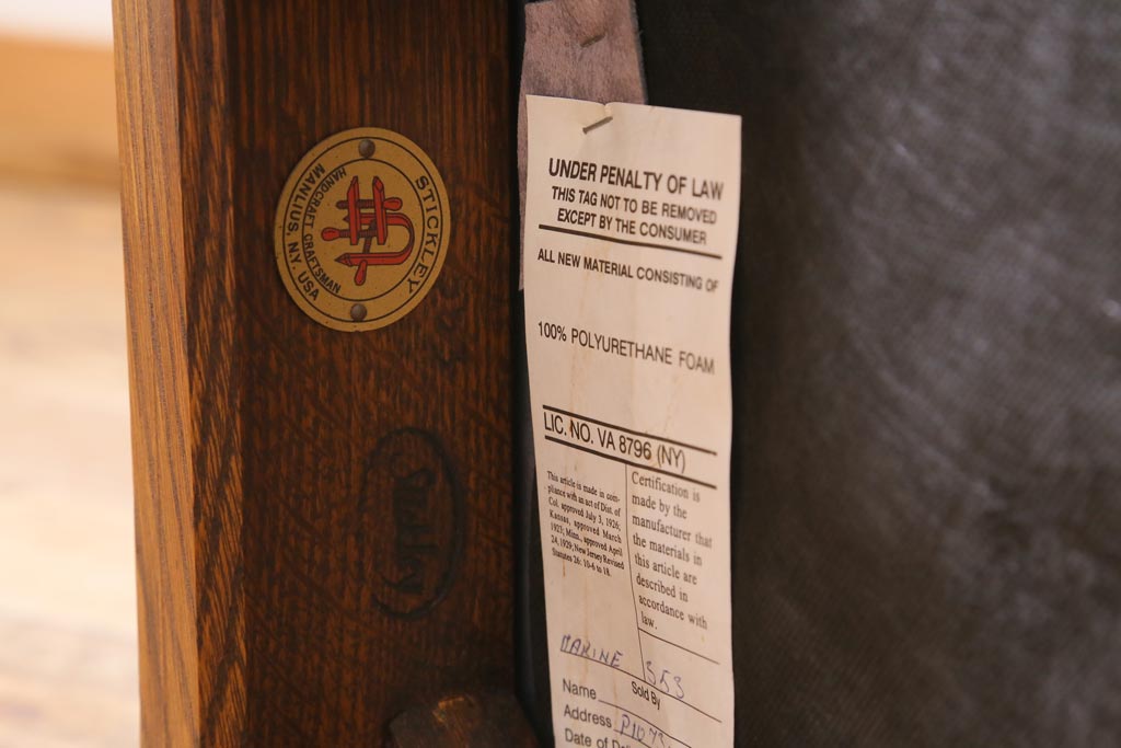 中古　アメリカ　Stickley(スティックレー、スティックレイ)社　象嵌入り　ミッションスタイル　サイドチェア(椅子、ダイニングチェア)(R-038608)