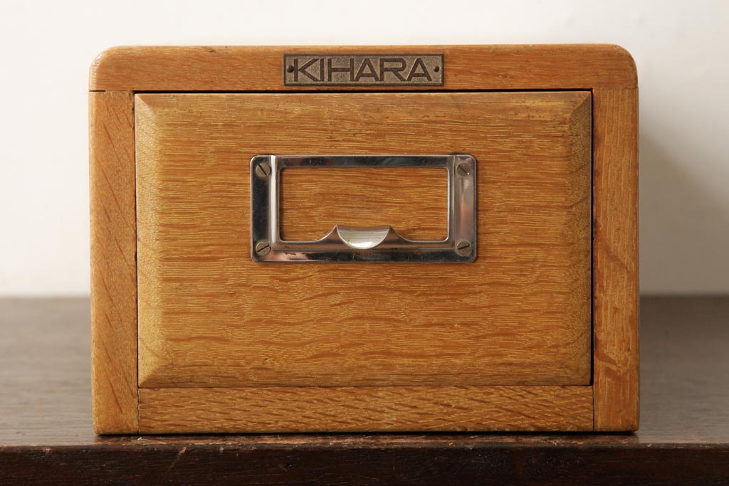 レトロ家具　昭和レトロ　ナラ材　KIHARA　ネームプレート付きの小さなカードケース(小引き出し、図書館、図書室)(R-038694)