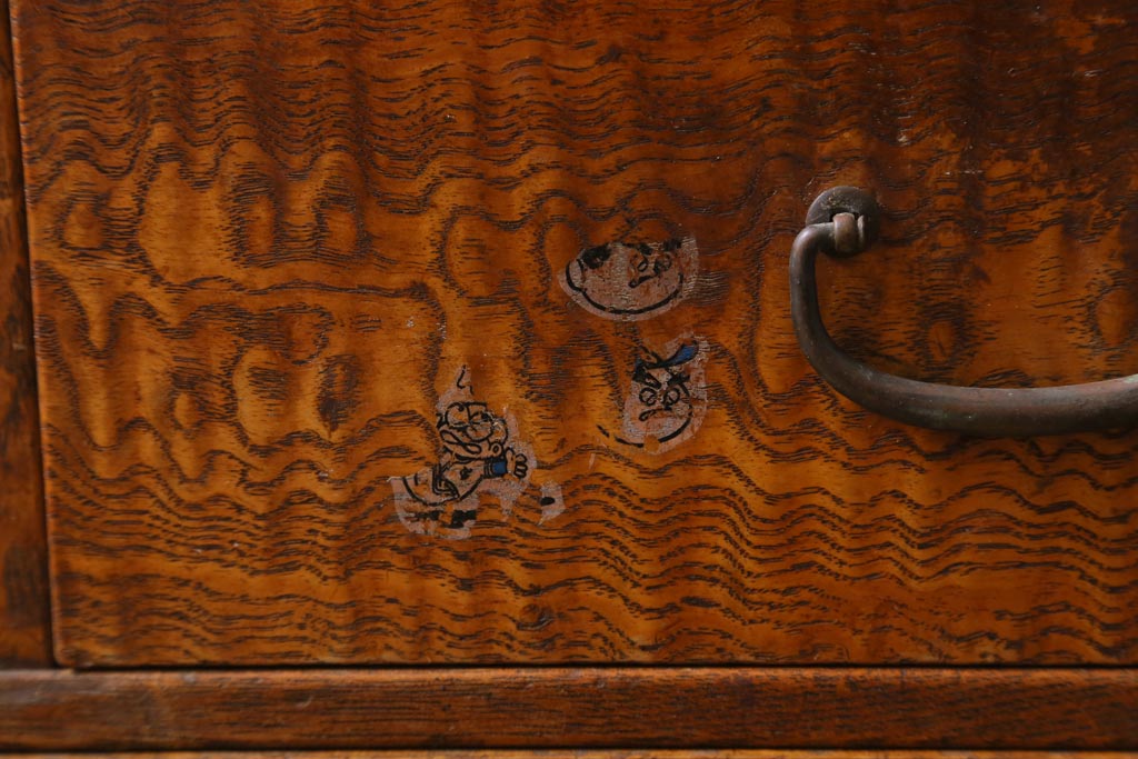 アンティーク家具　前面タモ玉杢材　ガラス引き戸のデザインがお洒落な茶箪笥(茶棚、戸棚、収納棚)(R-038705)