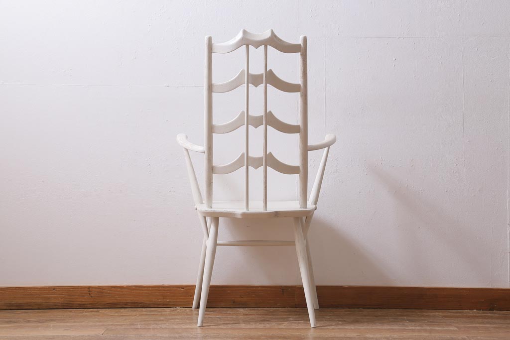 ヴィンテージ家具　イギリスビンテージ　ERCOL(アーコール)　アンティークペイント　希少!洗練された佇まいのラダーバックアームチェア(ダイニングチェア、椅子)(R-038870)