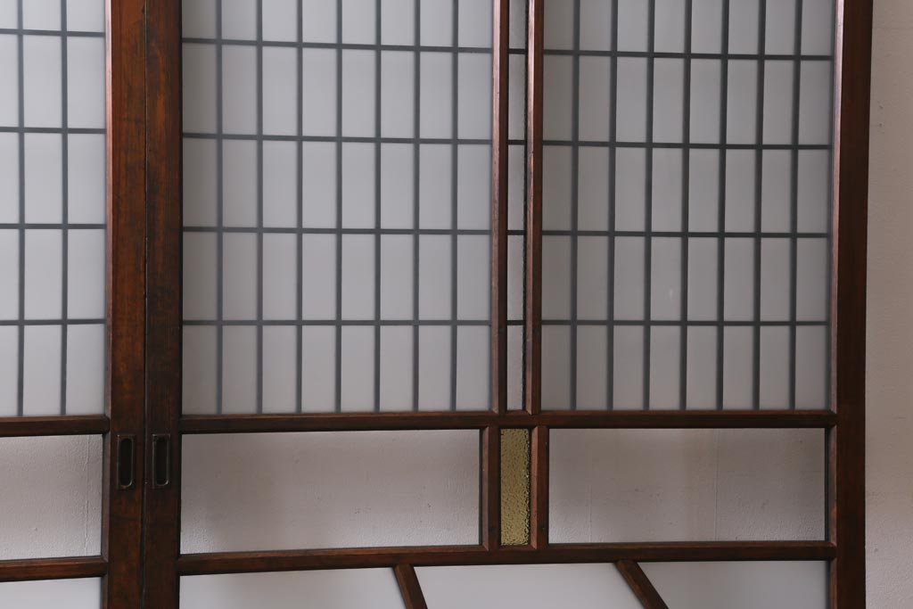 アンティーク建具　和製アンティーク　昭和初期　当時物色ガラス入り!格子のデザインが目を引くガラス戸2枚セット(建具、引き戸)(R-038884)