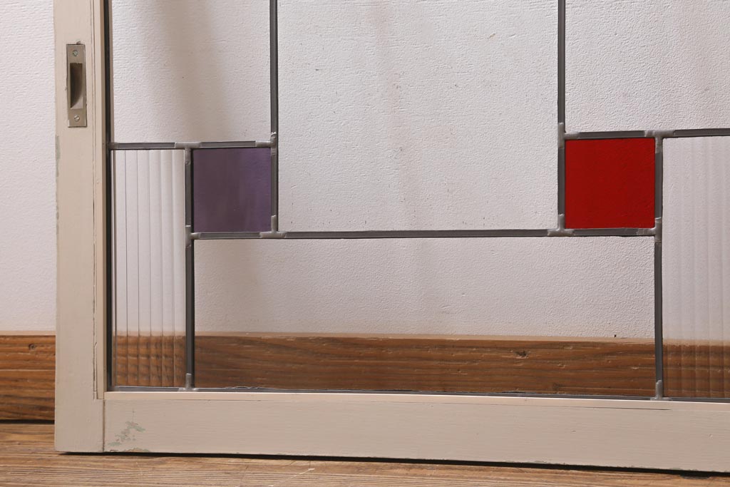 アンティーク建具　和製アンティーク　色ガラス・モールガラス・気泡ガラス入り　ステンドグラスがレトロなガラス戸2枚セット(窓、建具)(R-038885)