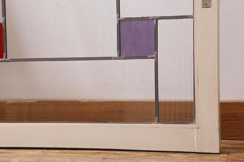 アンティーク建具　和製アンティーク　色ガラス・モールガラス・気泡ガラス入り　ステンドグラスがレトロなガラス戸2枚セット(窓、建具)(R-038885)