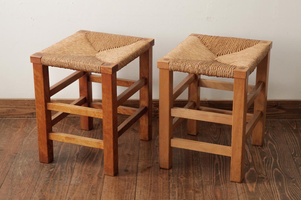 ビンテージ家具　松本民芸家具　初期モデル　ラッシスツール2脚セット(チェア、椅子)(R-038894)
