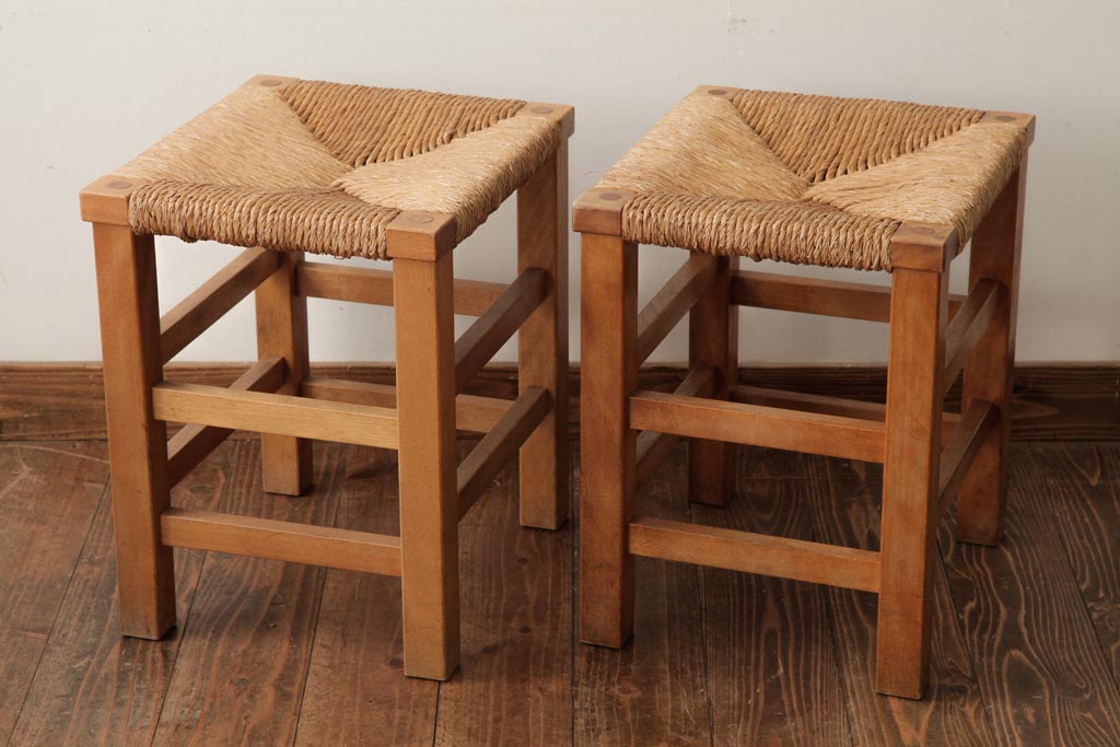 ビンテージ家具　松本民芸家具　初期モデル　ラッシスツール2脚セット(チェア、椅子)(R-038898)