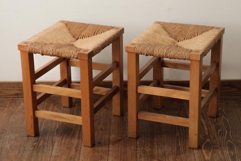 ビンテージ家具　松本民芸家具　初期モデル　ラッシスツール2脚セット(チェア、椅子)(R-038900)
